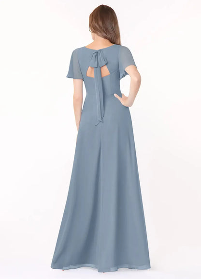 Blue A-Line V-Neck Chiffon Short Sleeve High Slit Floor-Length Wedding Dress - Yihuiw by Yihuiw