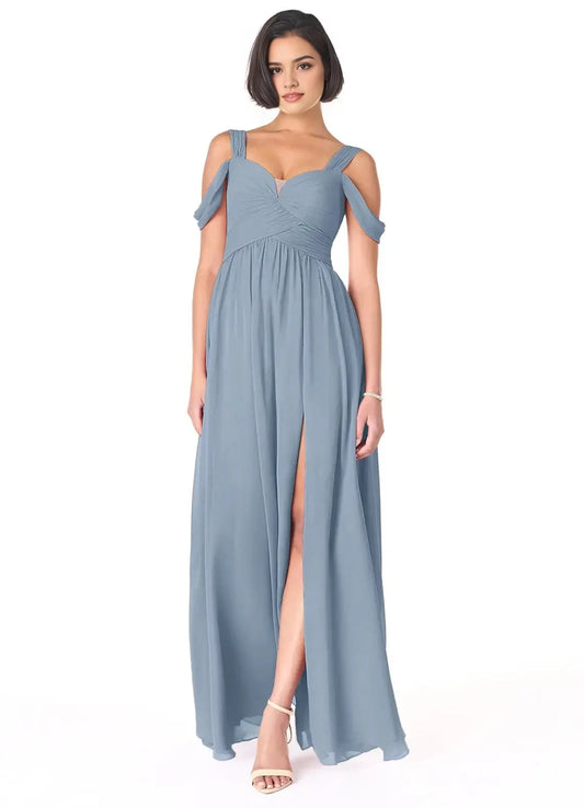 Dusty Blue Off-Shoulder Maxi Dress with Side Slit Dusty Blue A-Line Off the Shoulder Chiffon Dress Bridesmaid Dresses by YiHuiw