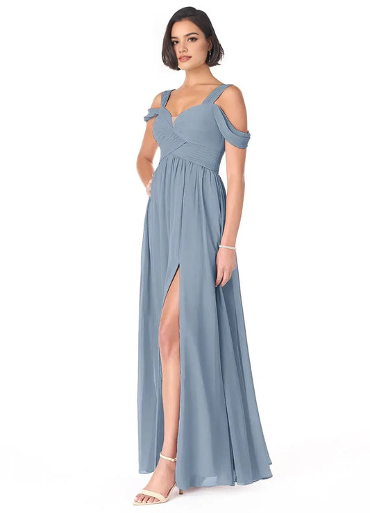 Dusty Blue Off-Shoulder Maxi Dress with Side Slit Dusty Blue A-Line Off the Shoulder Chiffon Dress Bridesmaid Dresses by YiHuiw