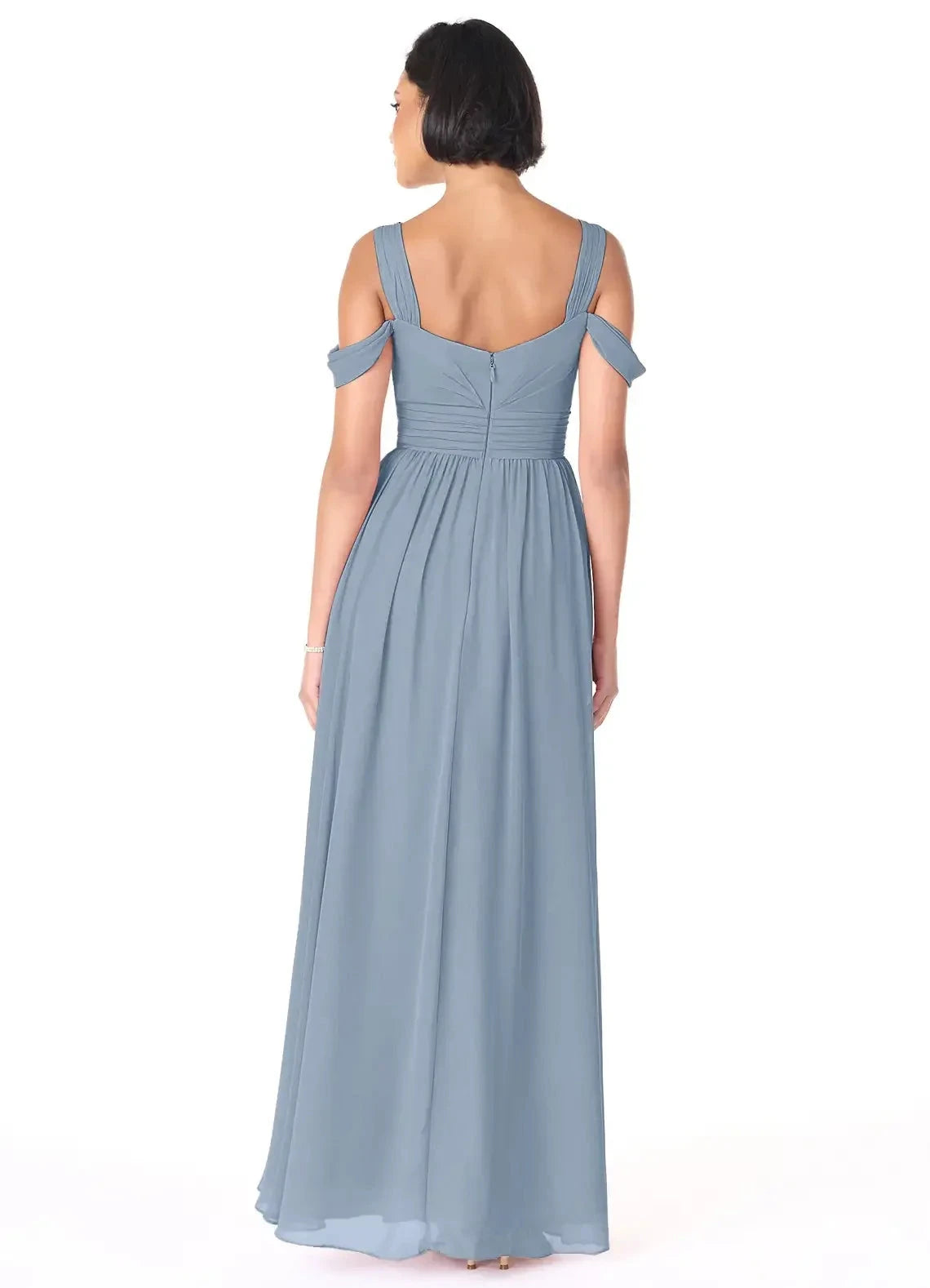 Dusty Blue Off-Shoulder Maxi Dress with Side Slit Dusty Blue A-Line Off the Shoulder Chiffon Dress Bridesmaid Dresses by YiHuiw