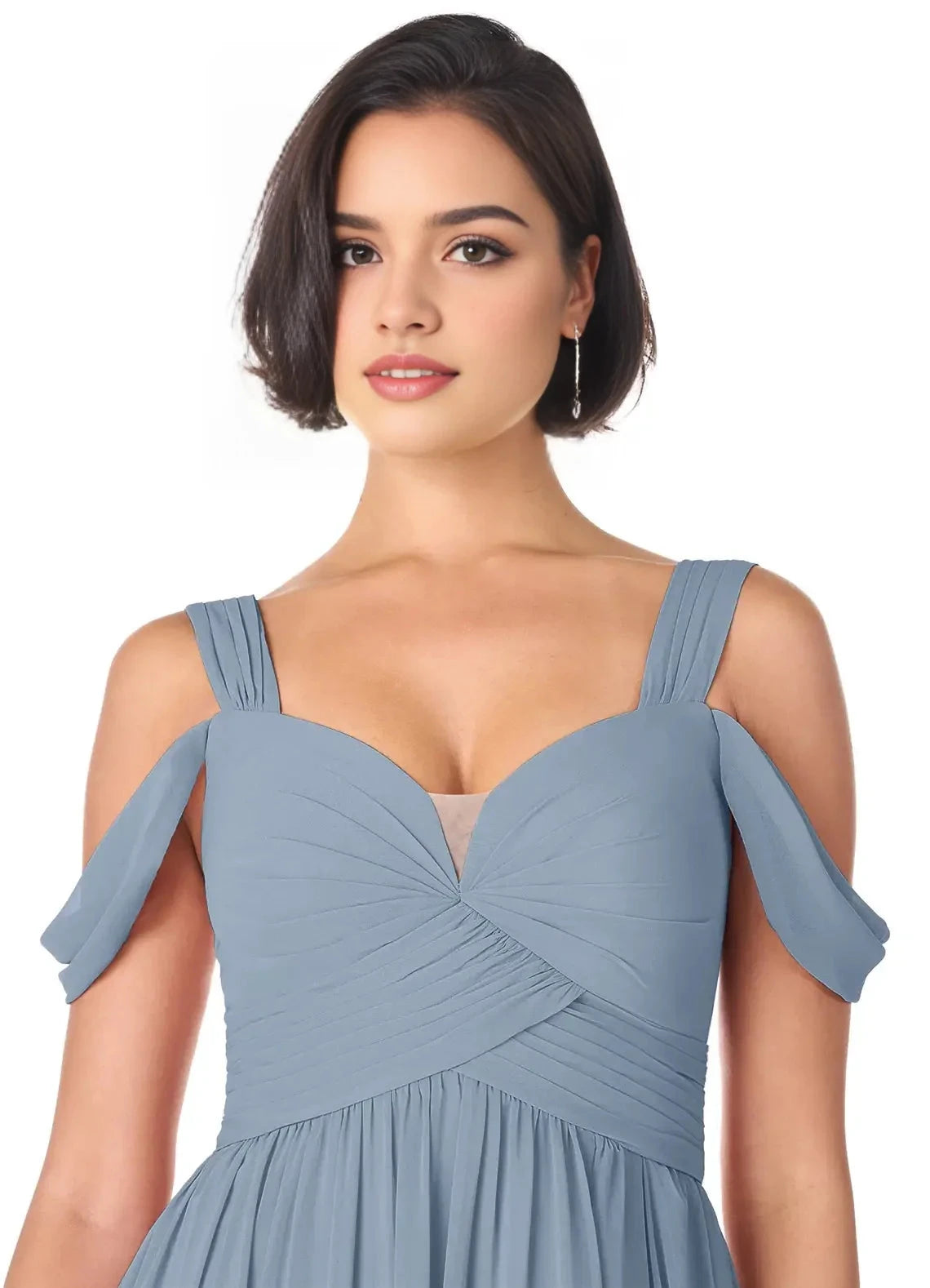 Dusty Blue Off-Shoulder Maxi Dress with Side Slit Dusty Blue A-Line Off the Shoulder Chiffon Dress Bridesmaid Dresses by YiHuiw