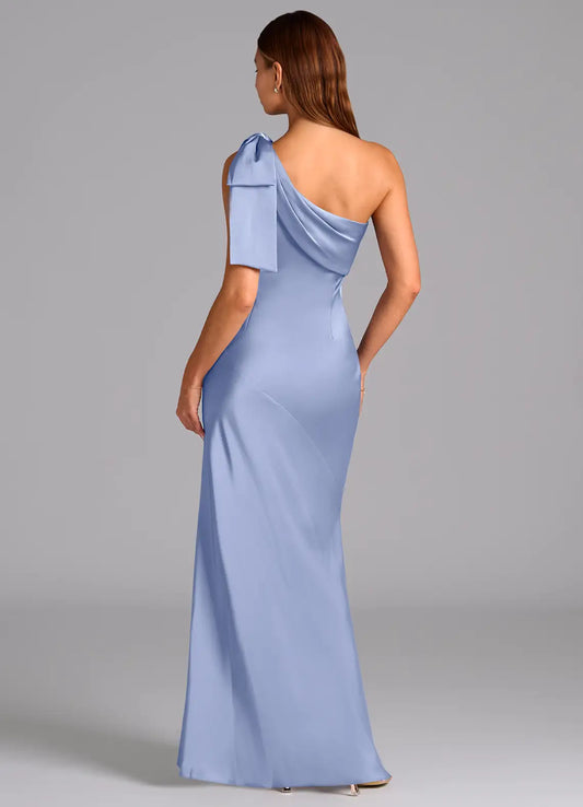 Blue Mermaid One-Shoulder Satin Floor-Length Wedding Dress - Yihuiw by Yihuiw