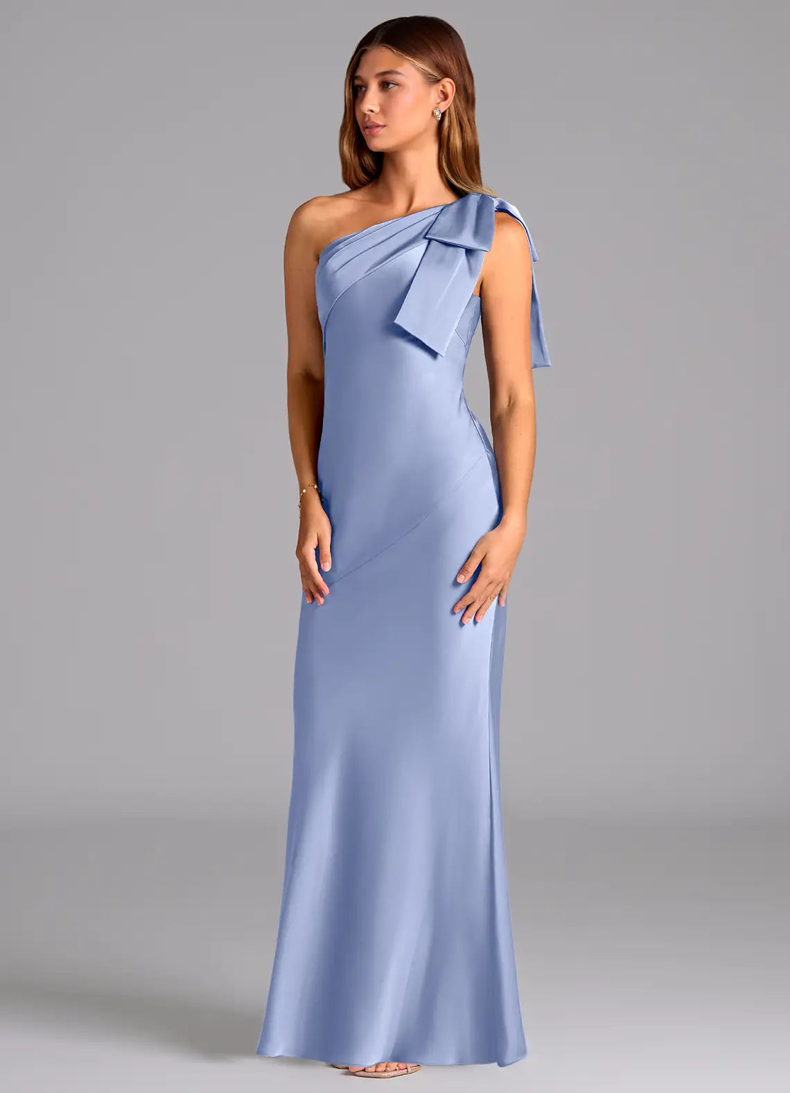 Blue Mermaid One-Shoulder Satin Floor-Length Wedding Dress - Yihuiw by Yihuiw