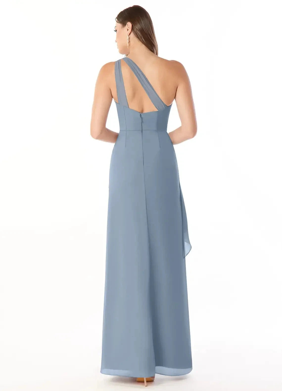 Dusty Blue One-Shoulder Maxi Dress with Side Slit and Ruffle Detail Dusty Blue Sheath Pleated Ruffle Chiffon Dress Bridesmaid Dresses by YiHuiw