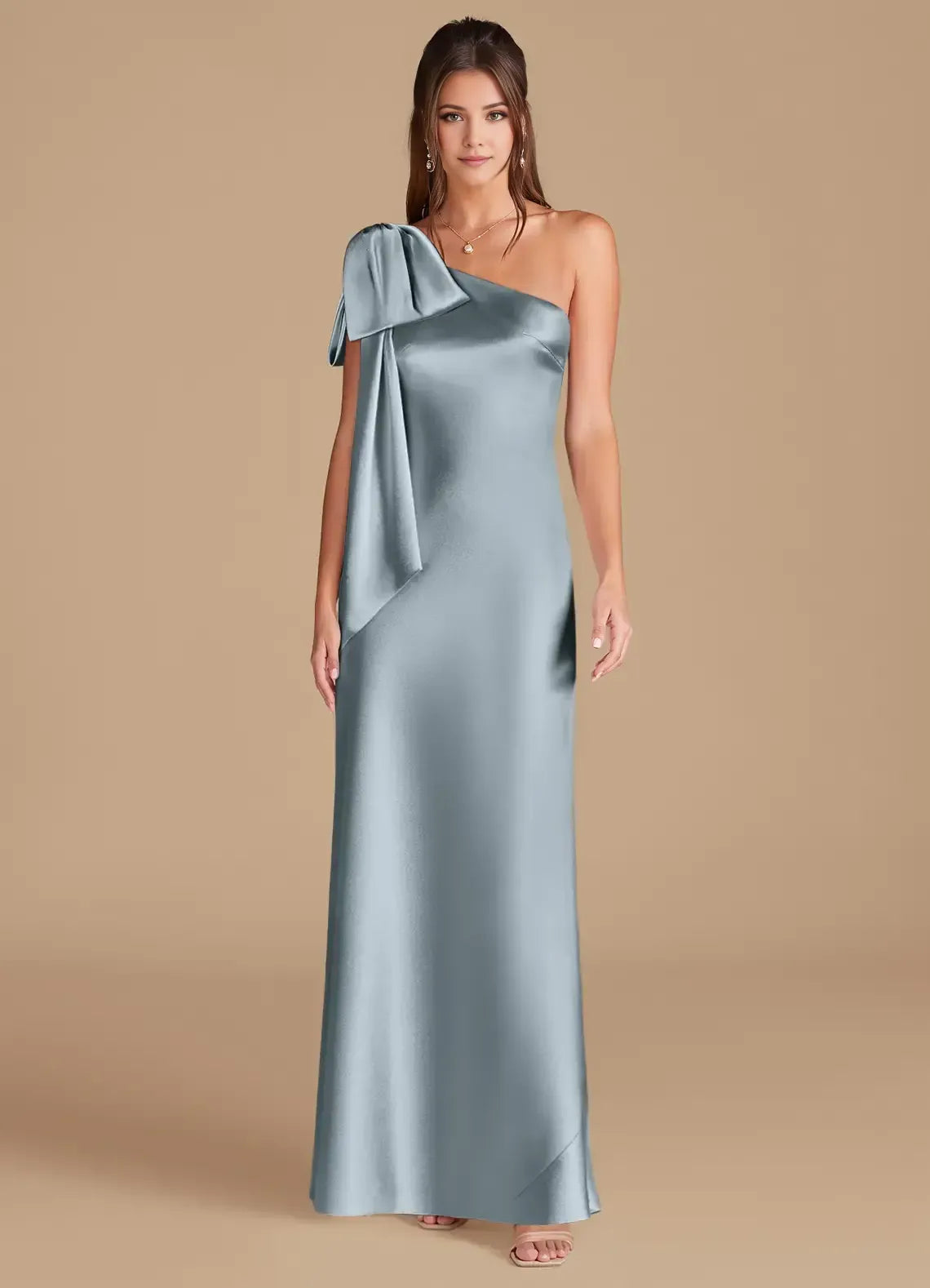 Blue One-Shoulder Satin Floor-Length Wedding Dress - Yihuiw by Yihuiw