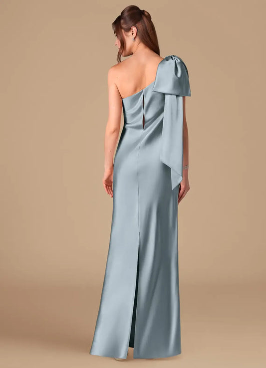 Blue One-Shoulder Satin Floor-Length Wedding Dress - Yihuiw by Yihuiw