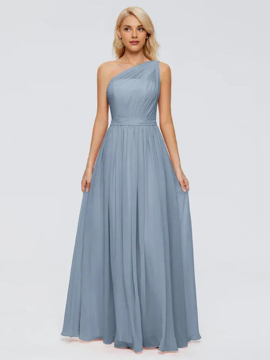 Blue A-Line One-Shoulder Chiffon Pleated Floor-Length Wedding Dress - Yihuiw by Yihuiw