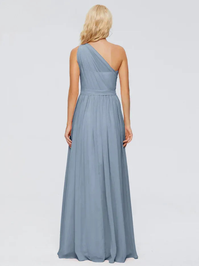 Blue A-Line One-Shoulder Chiffon Pleated Floor-Length Wedding Dress - Yihuiw by Yihuiw