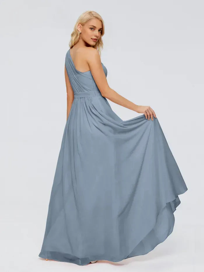 Blue A-Line One-Shoulder Chiffon Pleated Floor-Length Wedding Dress - Yihuiw by Yihuiw