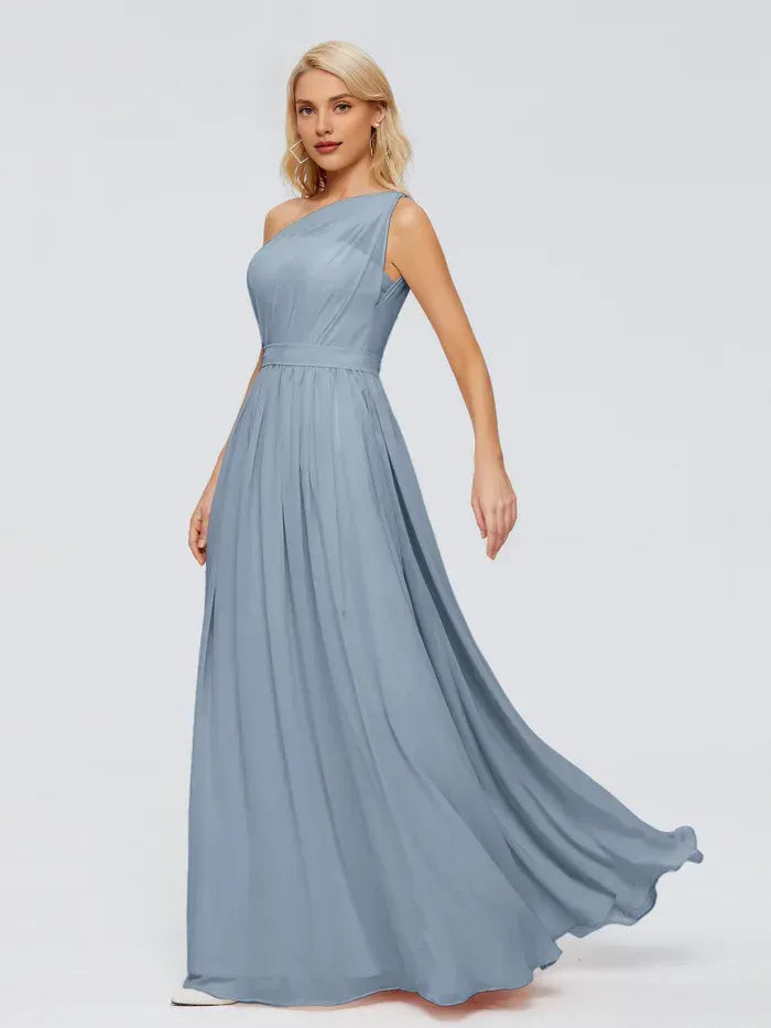 Blue A-Line One-Shoulder Chiffon Pleated Floor-Length Wedding Dress - Yihuiw by Yihuiw