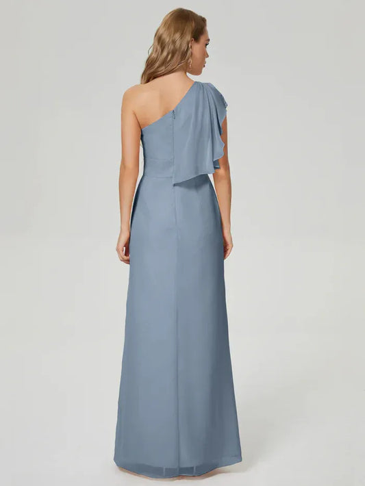 Blue A-Line One-Shoulder Chiffon High Slit Floor-Length Wedding Dress - Yihuiw by Yihuiw