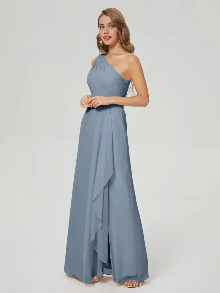 Blue A-Line One-Shoulder Chiffon High Slit Floor-Length Wedding Dress - Yihuiw by Yihuiw