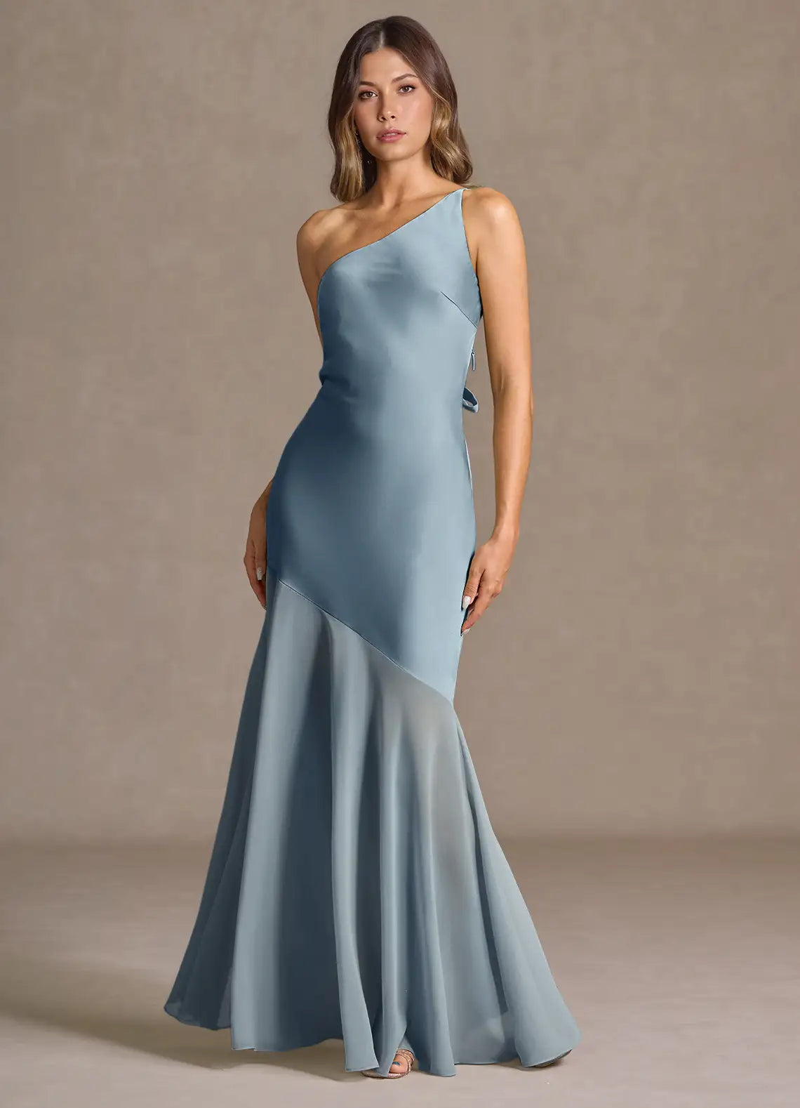 Blue Mermaid One-Shoulder Satin Floor-Length Wedding Dress - Yihuiw by Yihuiw