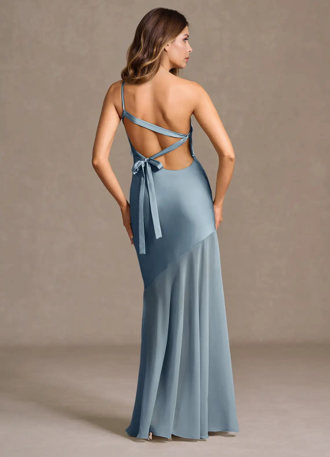 Blue Mermaid One-Shoulder Satin Floor-Length Wedding Dress - Yihuiw by Yihuiw
