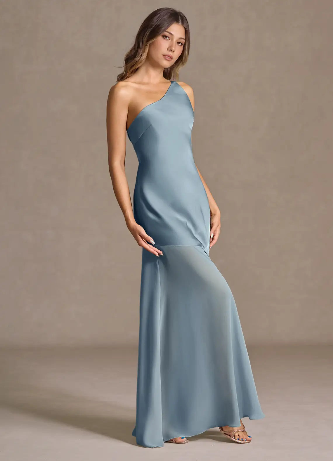 Blue Mermaid One-Shoulder Satin Floor-Length Wedding Dress - Yihuiw by Yihuiw