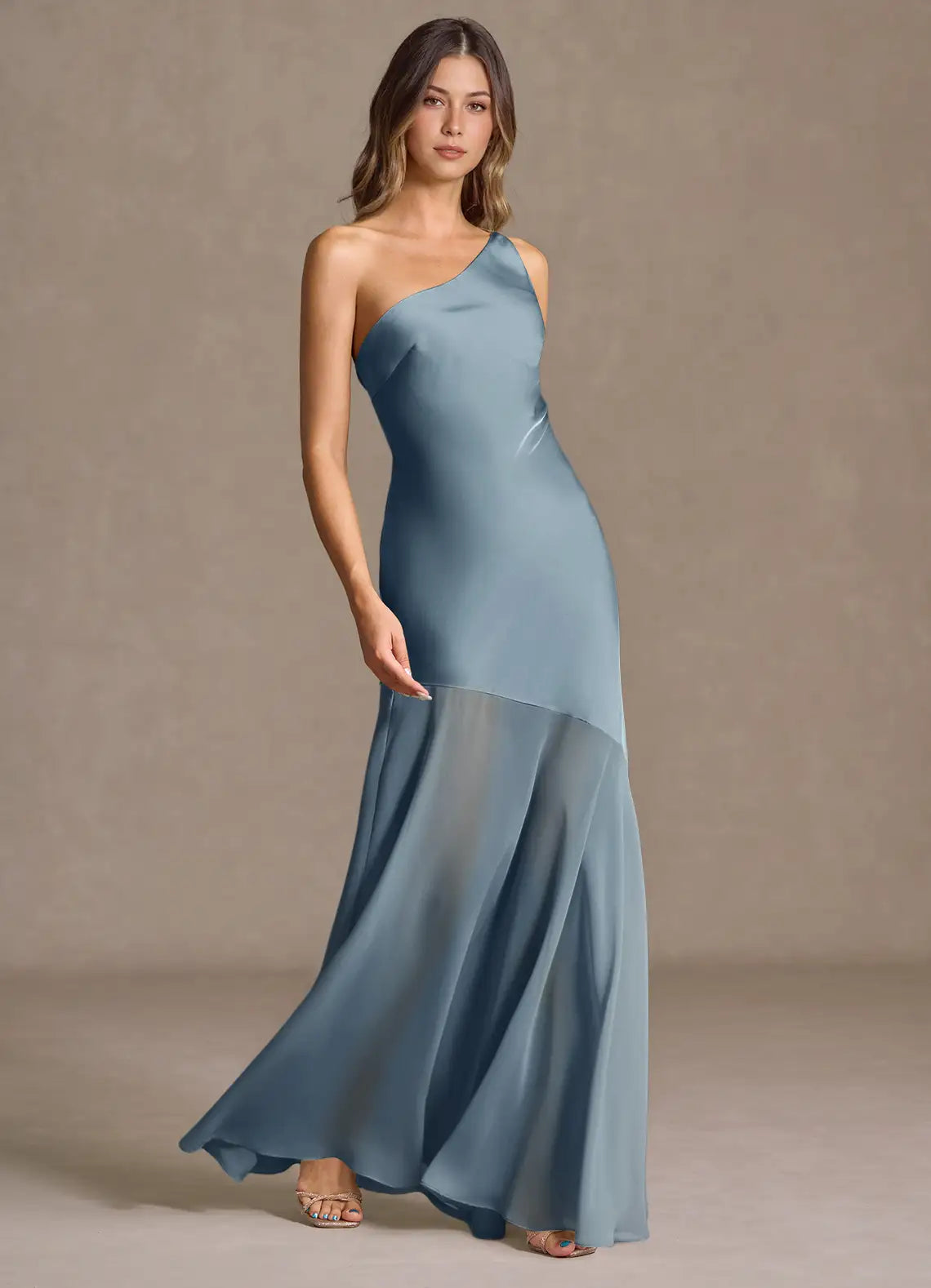Blue Mermaid One-Shoulder Satin Floor-Length Wedding Dress - Yihuiw by Yihuiw