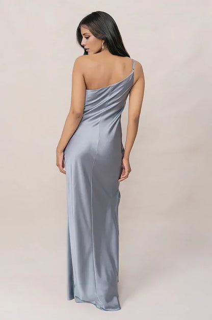 Blue Mermaid One-Shoulder Satin Ruched Floor-Length Wedding Dress - Yihuiw by Yihuiw