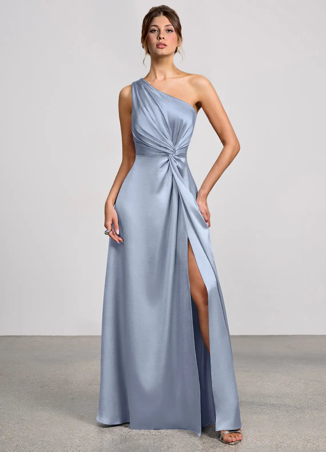 Blue A-Line One-Shoulder Satin High Slit Floor-Length Wedding Dress - Yihuiw by Yihuiw