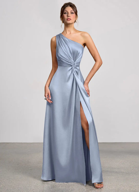 Blue A-Line One-Shoulder Satin High Slit Floor-Length Wedding Dress - Yihuiw by Yihuiw