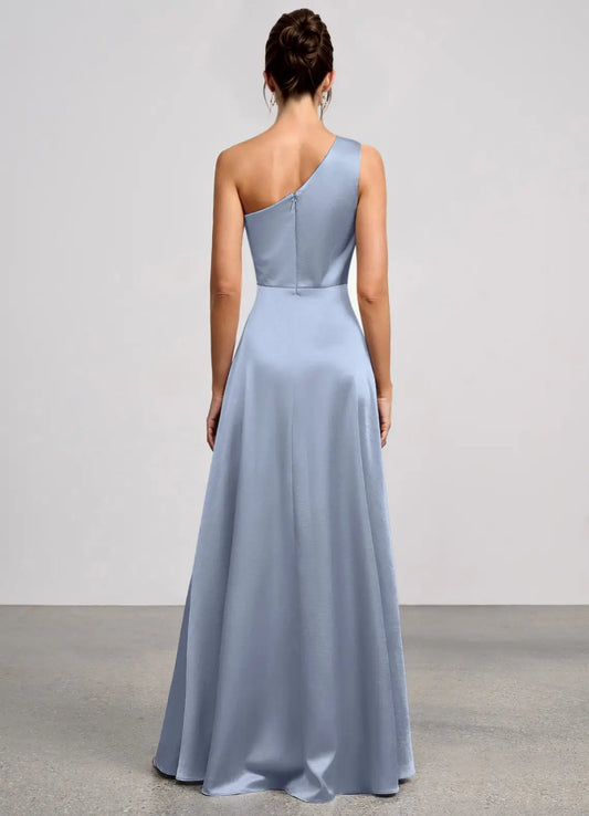Blue A-Line One-Shoulder Satin High Slit Floor-Length Wedding Dress - Yihuiw by Yihuiw
