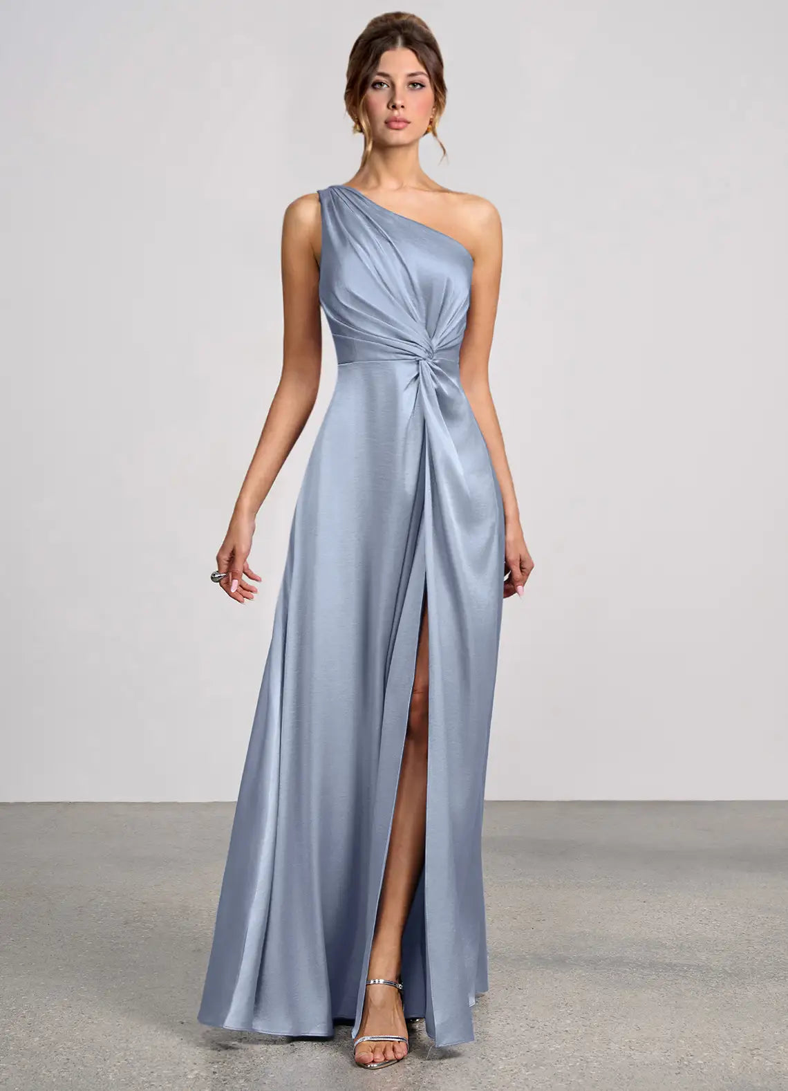 Blue A-Line One-Shoulder Satin High Slit Floor-Length Wedding Dress - Yihuiw by Yihuiw