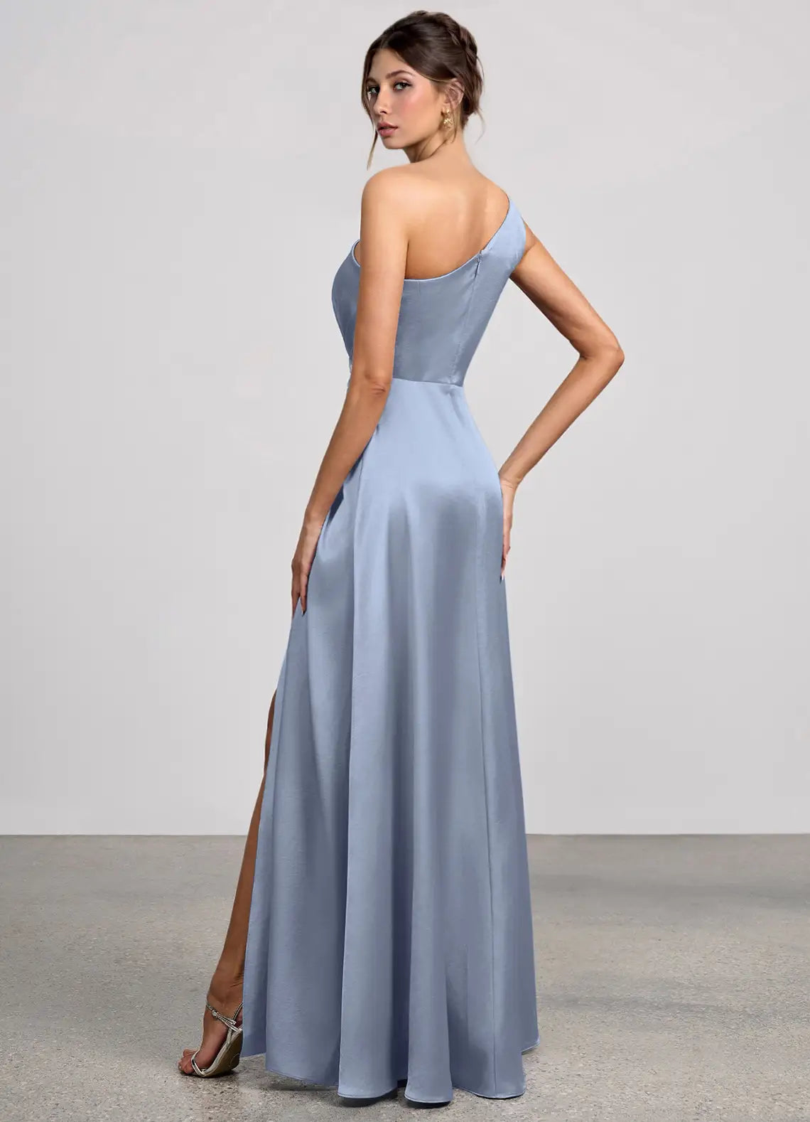 Blue A-Line One-Shoulder Satin High Slit Floor-Length Wedding Dress - Yihuiw by Yihuiw