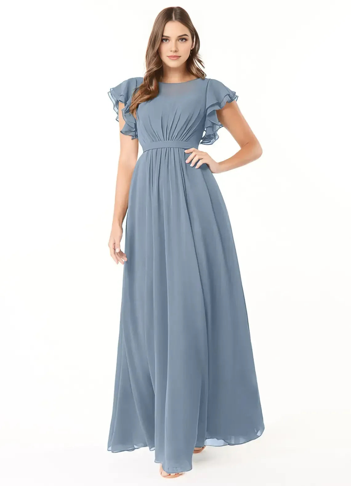 Blue A-Line Chiffon Short Sleeve Pleated Floor-Length Wedding Dress - Yihuiw by Yihuiw