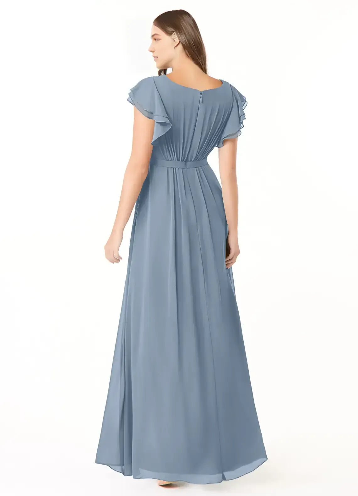 Blue A-Line Chiffon Short Sleeve Pleated Floor-Length Wedding Dress - Yihuiw by Yihuiw