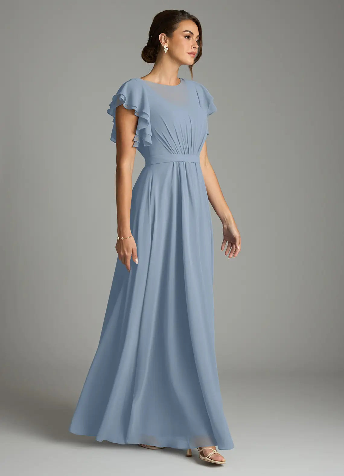 Blue A-Line Chiffon Short Sleeve Ruffled Floor-Length Wedding Dress - Yihuiw by Yihuiw