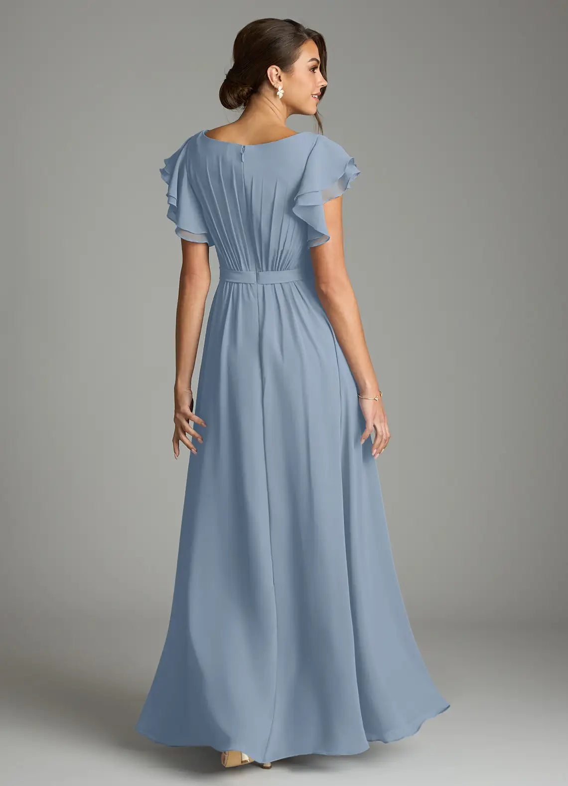 Blue A-Line Chiffon Short Sleeve Ruffled Floor-Length Wedding Dress - Yihuiw by Yihuiw