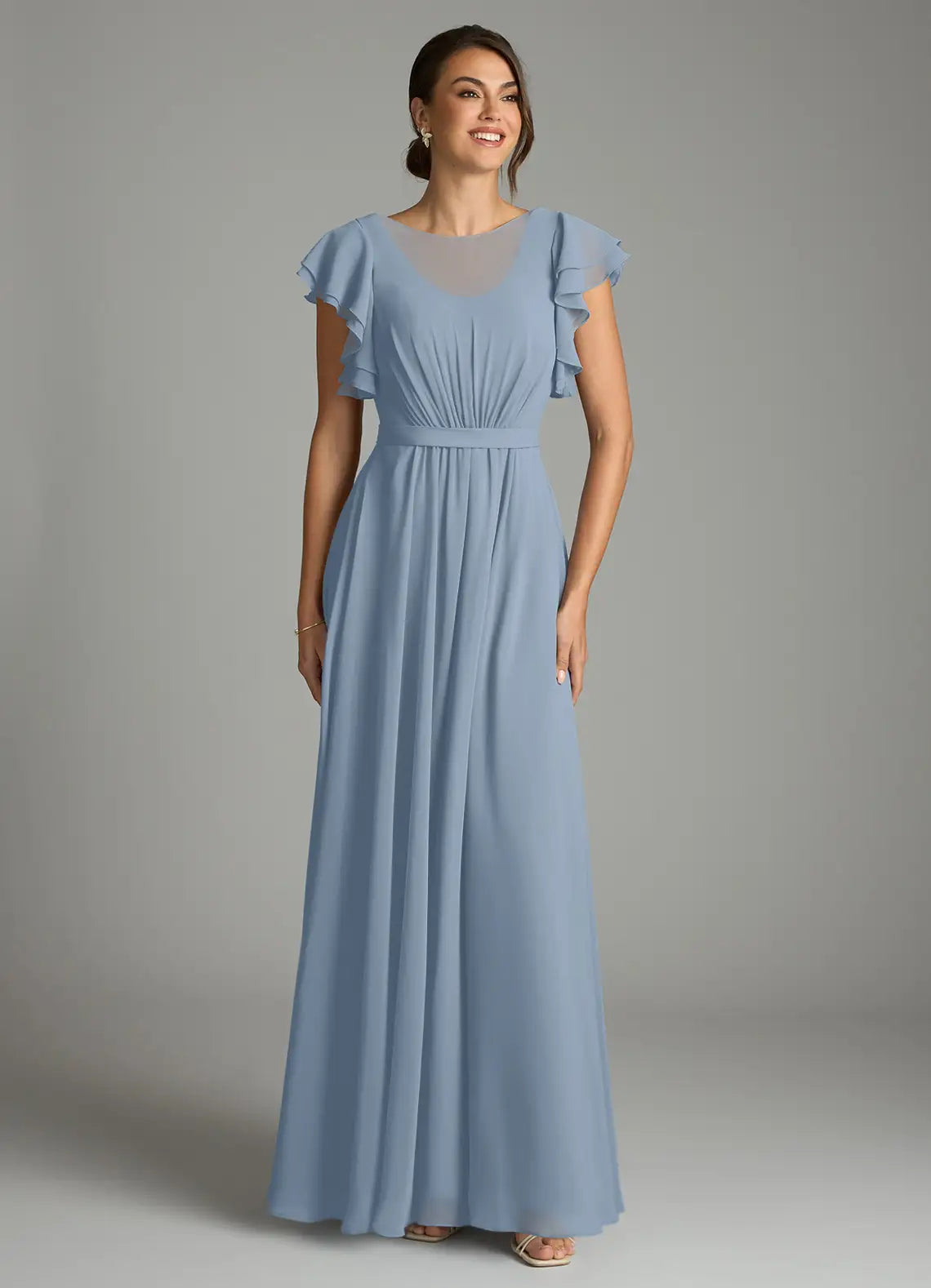 Blue A-Line Chiffon Short Sleeve Ruffled Floor-Length Wedding Dress - Yihuiw by Yihuiw