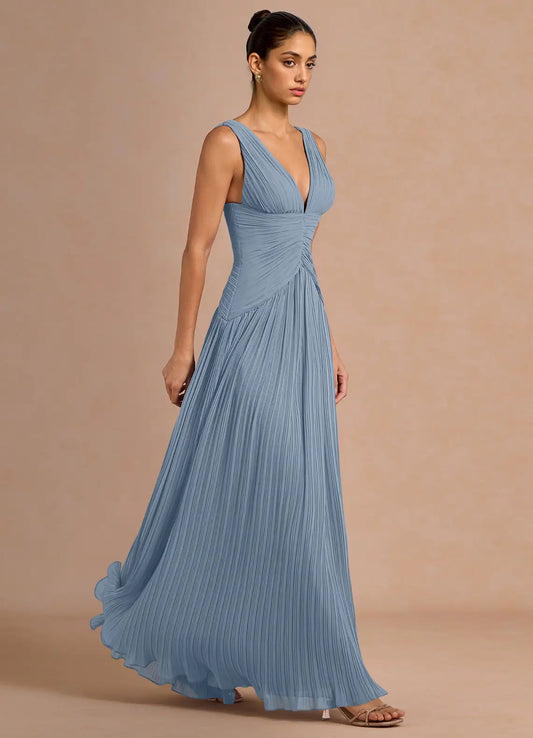 Blue A-Line Sleeveless Pleated Floor-Length Wedding Dress - Yihuiw by Yihuiw