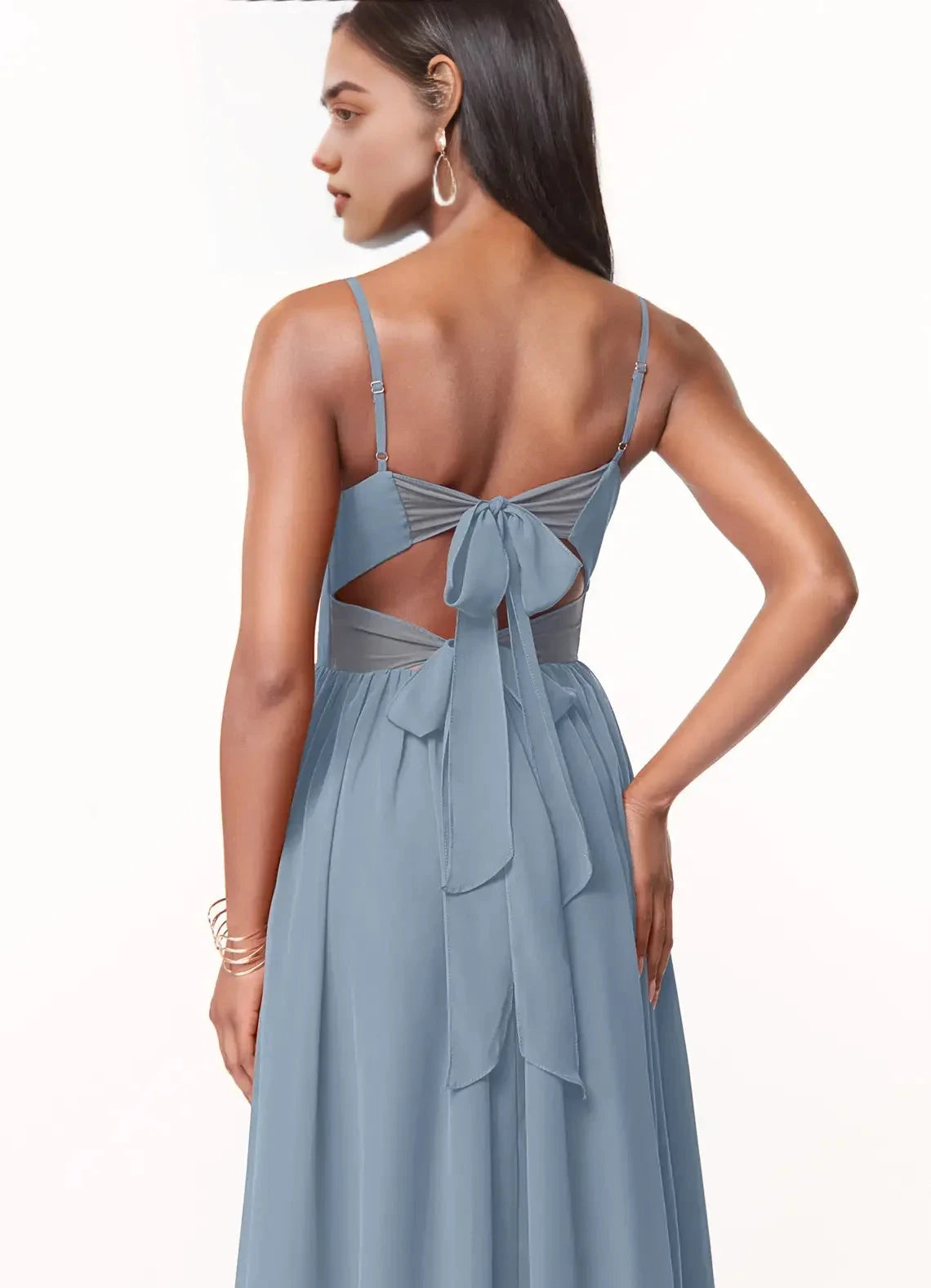 Dusty Blue Spaghetti Strap Maxi Dress with Back Bow and Side Slit A-Line V-Neck Pleated Chiffon Dress Bridesmaid Dresses by YiHuiw