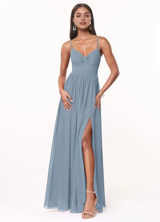 Dusty Blue Spaghetti Strap Maxi Dress with Back Bow and Side Slit A-Line V-Neck Pleated Chiffon Dress Bridesmaid Dresses by YiHuiw