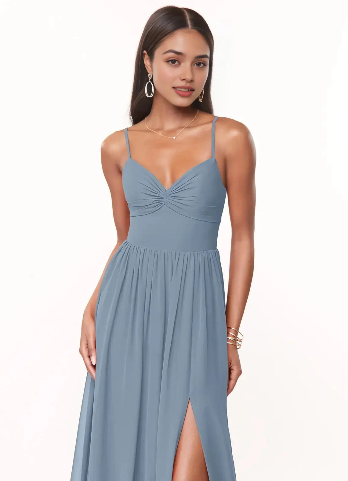 Dusty Blue Spaghetti Strap Maxi Dress with Back Bow and Side Slit A-Line V-Neck Pleated Chiffon Dress Bridesmaid Dresses by YiHuiw