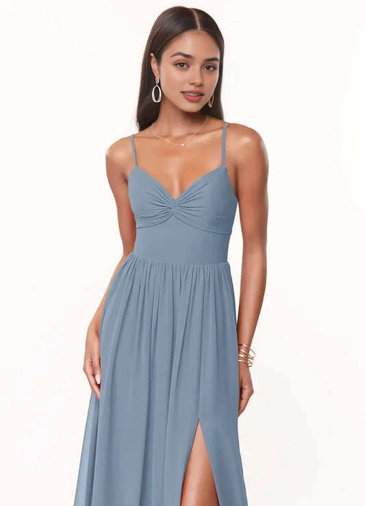 Dusty Blue Spaghetti Strap Maxi Dress with Back Bow and Side Slit A-Line V-Neck Pleated Chiffon Dress Bridesmaid Dresses by YiHuiw