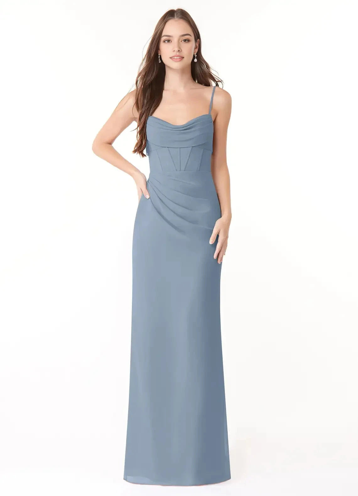 Dusty Blue Spaghetti Strap Maxi Dress with Cowl Neck and Back Bow Dusty Blue Sheath Pleated Chiffon Dress Bridesmaid Dresses by YiHuiw
