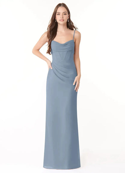 Dusty Blue Spaghetti Strap Maxi Dress with Cowl Neck and Back Bow Dusty Blue Sheath Pleated Chiffon Dress Bridesmaid Dresses by YiHuiw