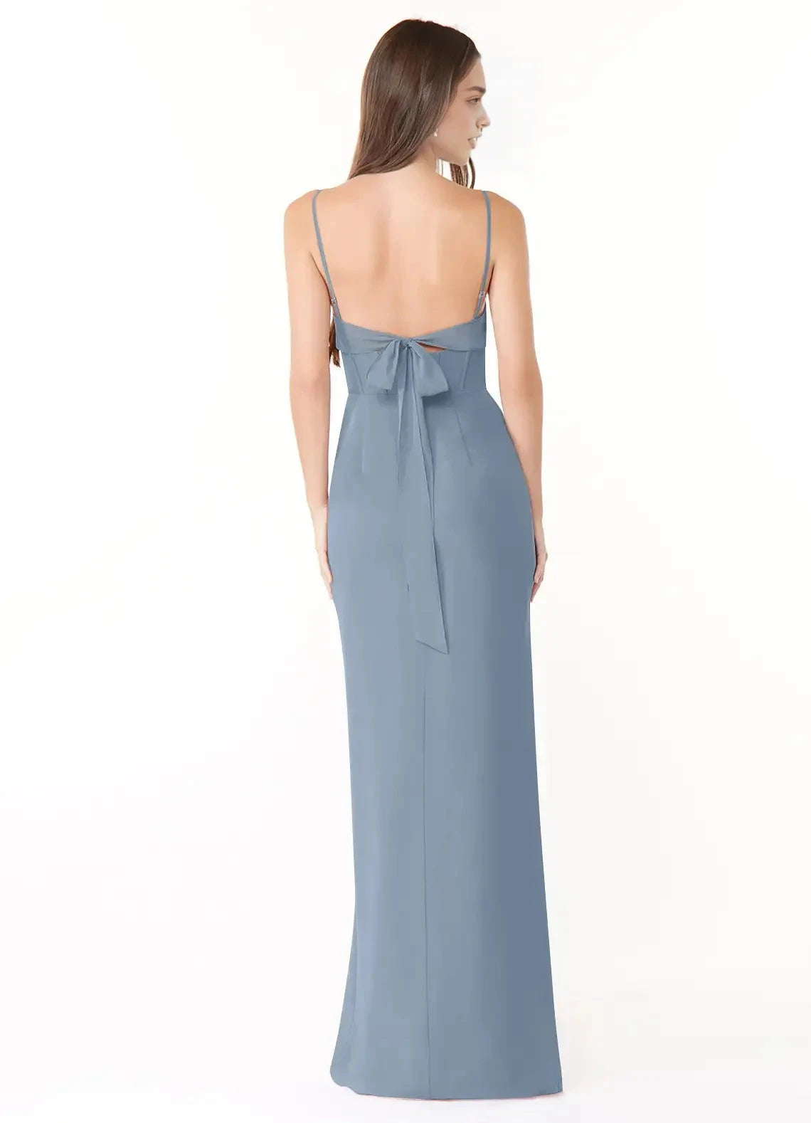 Dusty Blue Spaghetti Strap Maxi Dress with Cowl Neck and Back Bow Dusty Blue Sheath Pleated Chiffon Dress Bridesmaid Dresses by YiHuiw