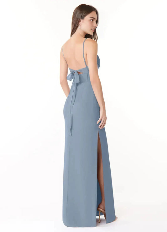 Dusty Blue Spaghetti Strap Maxi Dress with Cowl Neck and Back Bow Dusty Blue Sheath Pleated Chiffon Dress Bridesmaid Dresses by YiHuiw