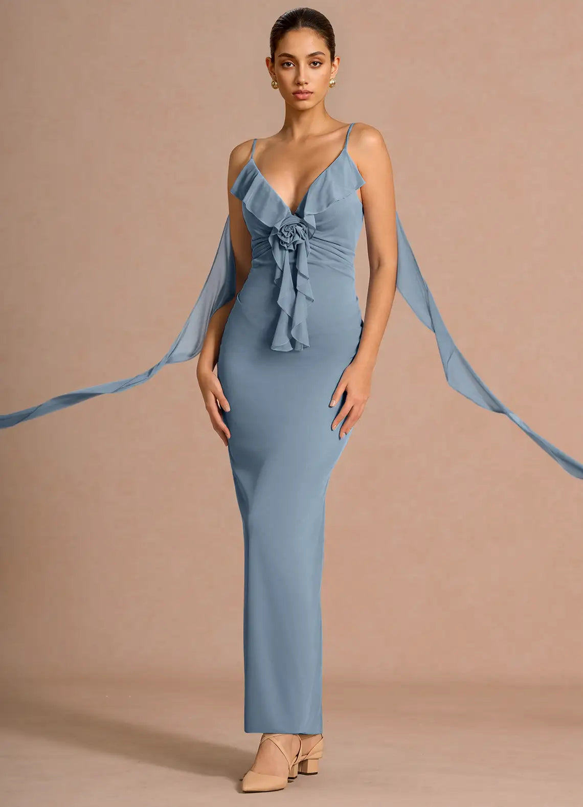 Blue Mermaid Spaghetti Strap Ruffled Floor-Length Wedding Dress - Yihuiw by Yihuiw
