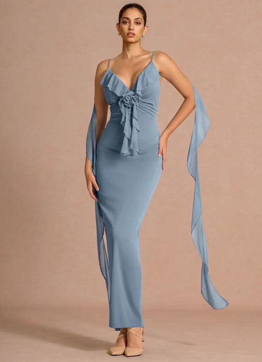Blue Mermaid Spaghetti Strap Ruffled Floor-Length Wedding Dress - Yihuiw by Yihuiw