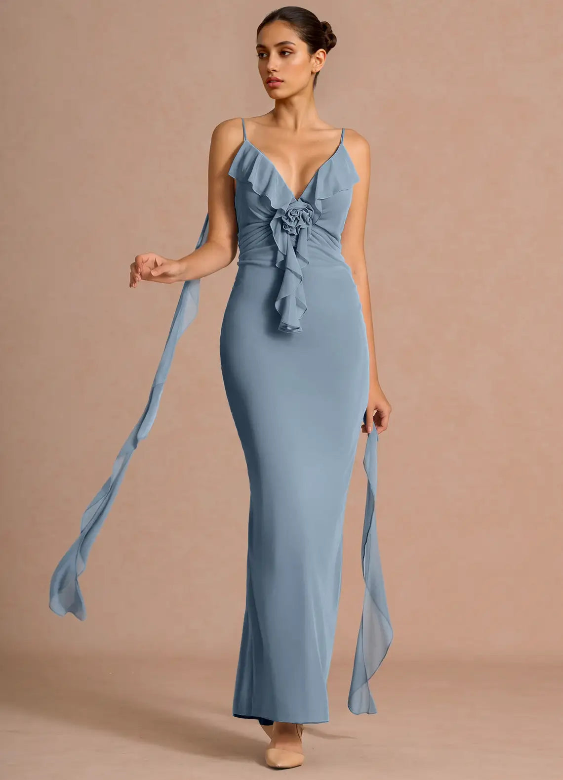 Blue Mermaid Spaghetti Strap Ruffled Floor-Length Wedding Dress - Yihuiw by Yihuiw