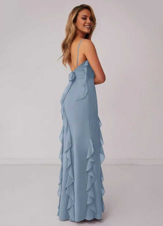 Blue Spaghetti Strap Chiffon High Slit Floor-Length Wedding Dress - Yihuiw by Yihuiw