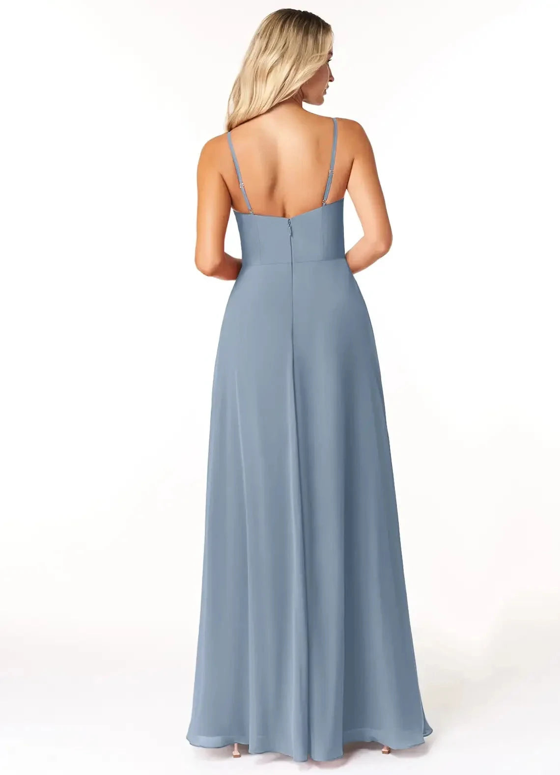 Dusty Blue Spaghetti Strap Side Slit Evening Gown with Pockets Bridesmaid Dresses by YiHuiw