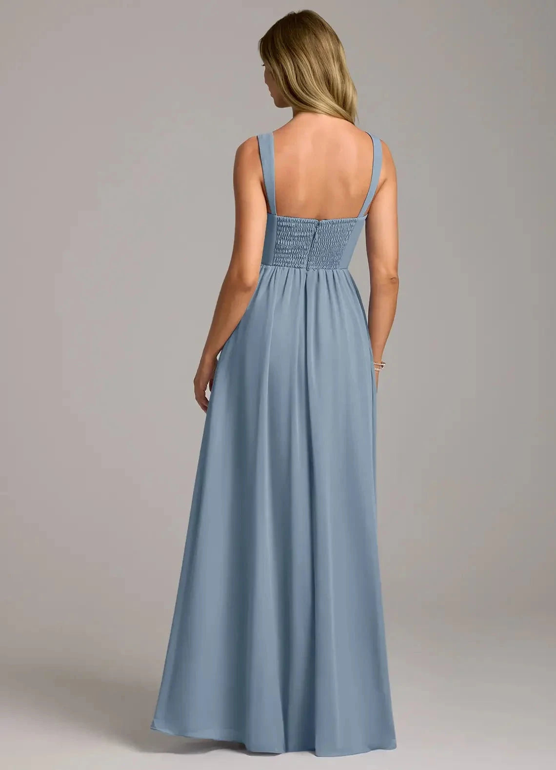 Dusty Blue Square Neck Maxi Dress with Side Slit Blue A-Line Side Slit Chiffon Dress Bridesmaid Dresses by YiHuiw