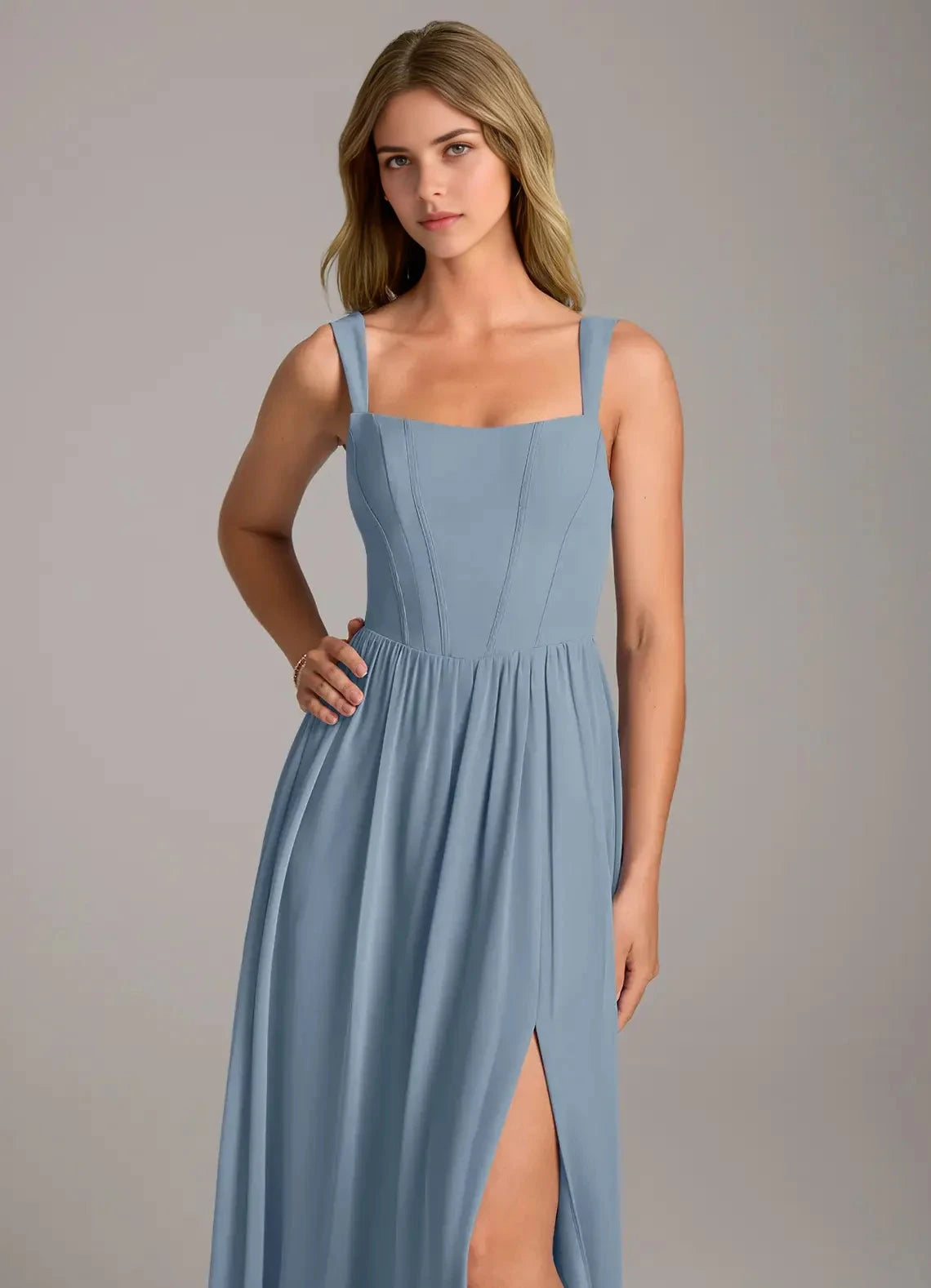 Dusty Blue Square Neck Maxi Dress with Side Slit Blue A-Line Side Slit Chiffon Dress Bridesmaid Dresses by YiHuiw