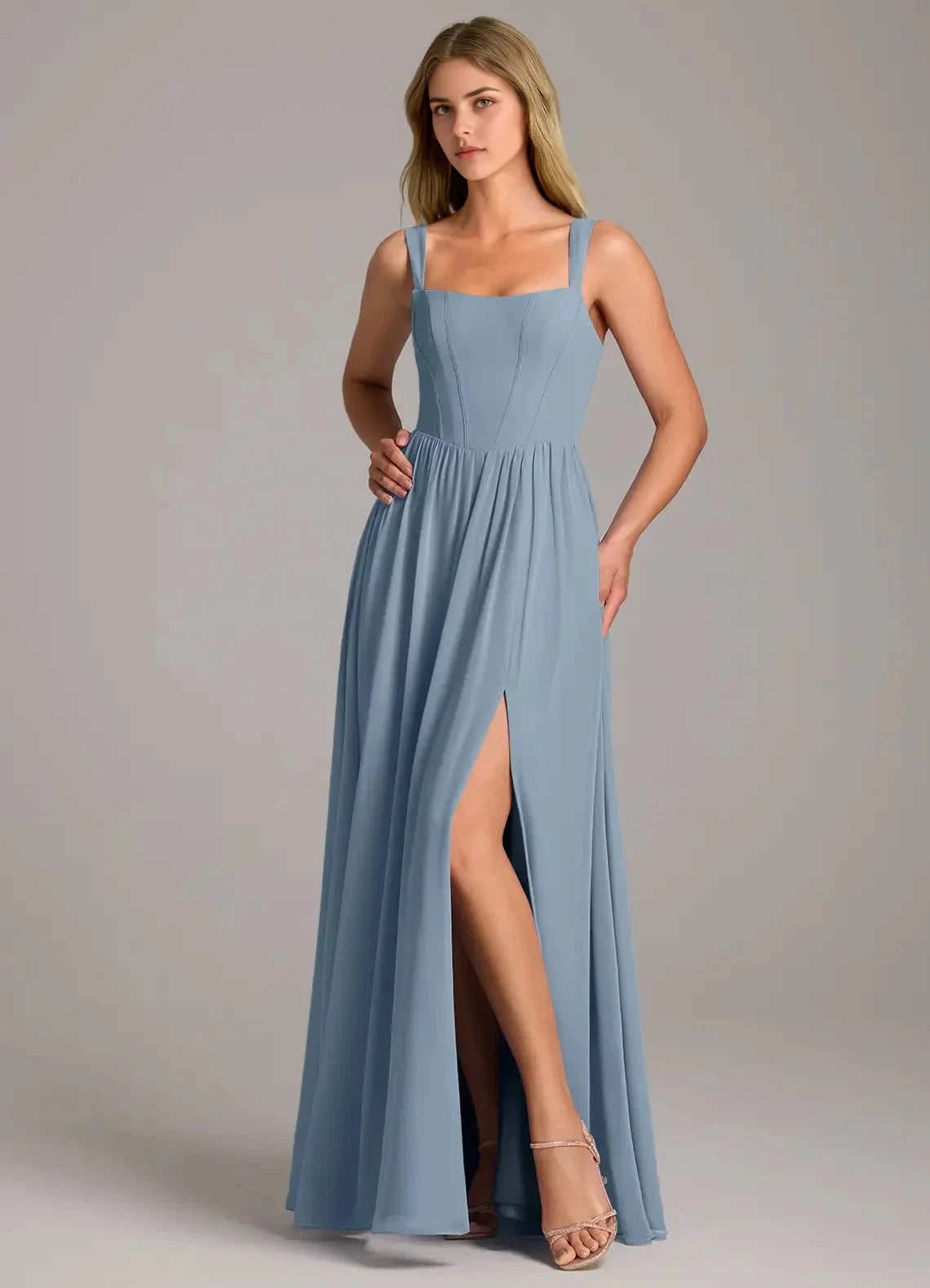 Dusty Blue Square Neck Maxi Dress with Side Slit Blue A-Line Side Slit Chiffon Dress Bridesmaid Dresses by YiHuiw