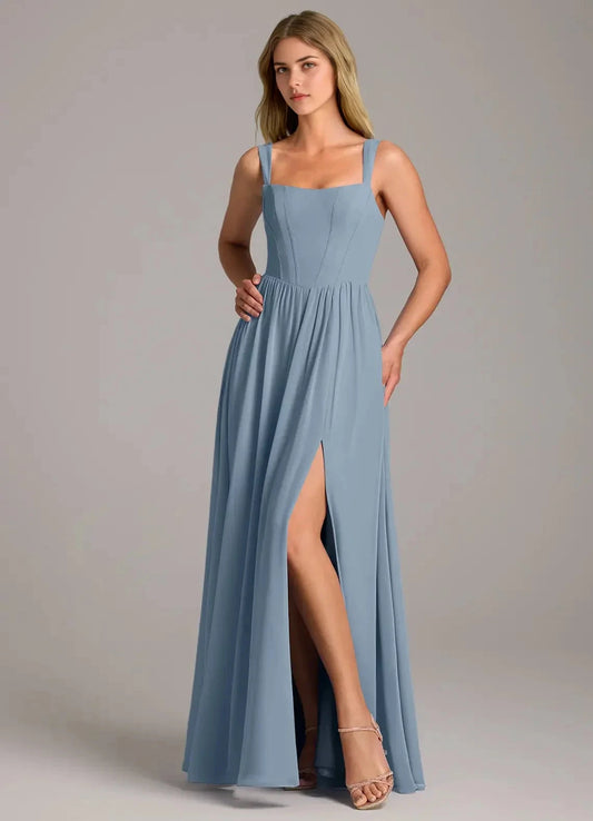 Dusty Blue Square Neck Maxi Dress with Side Slit Blue A-Line Side Slit Chiffon Dress Bridesmaid Dresses by YiHuiw