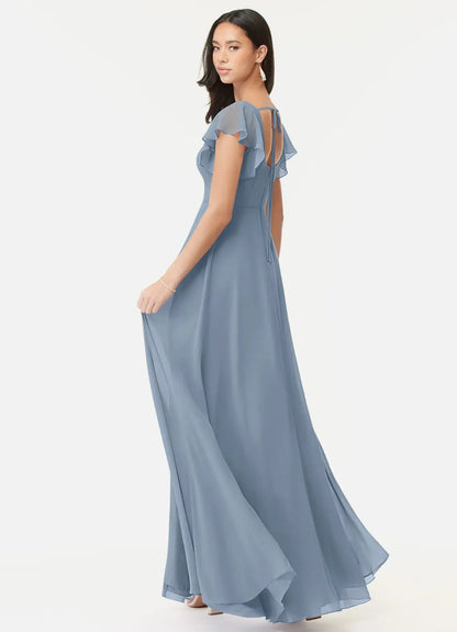 Blue Square Neck Chiffon High Slit Floor-Length Wedding Dress - Yihuiw by Yihuiw